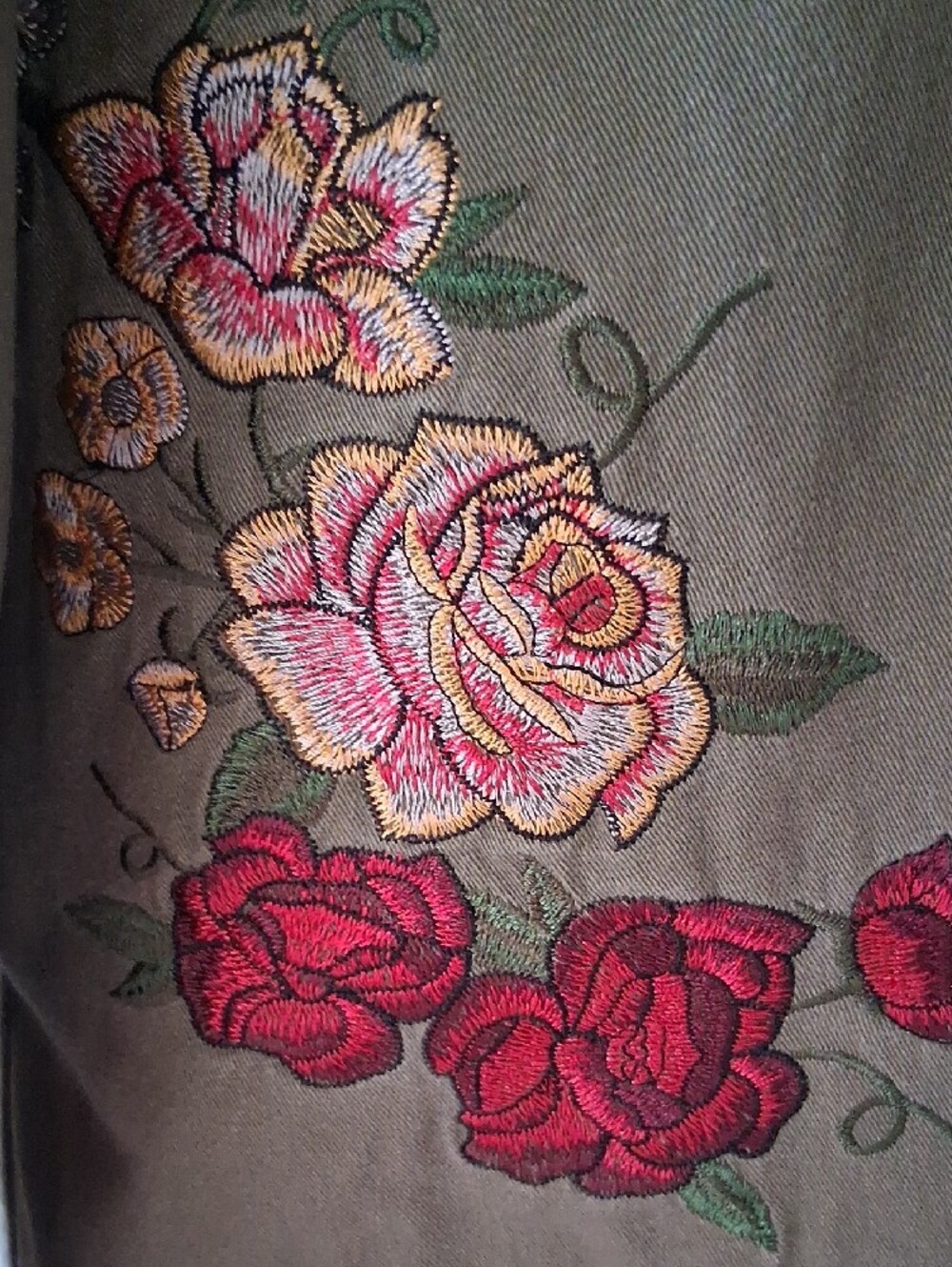 Maurices Olive Green Utility Jacket with Floral Embroidery And ACDC Design - Picture 5 of 16